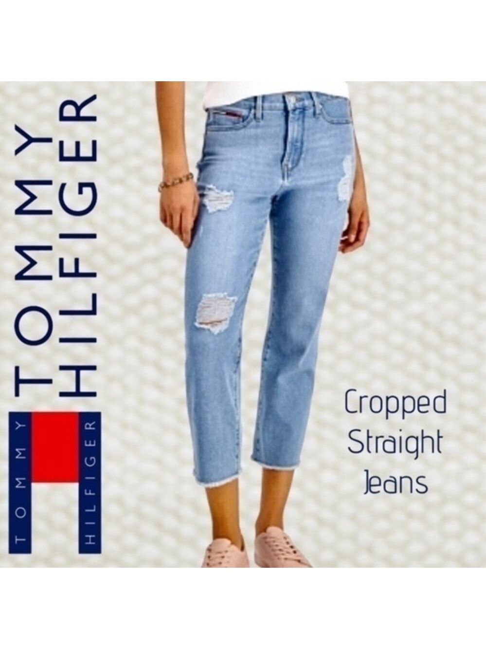TOMMY JEANS Loose-Straight Leg Ripped Raw Cropped Hem Stretch Denim Jeans NWT/14